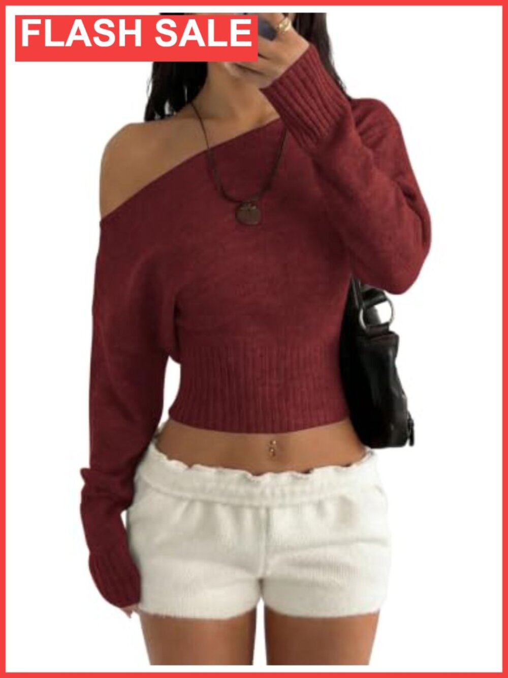 Off Shoulder Knit Pullover Sweater Long Sleeve Cinched Waist